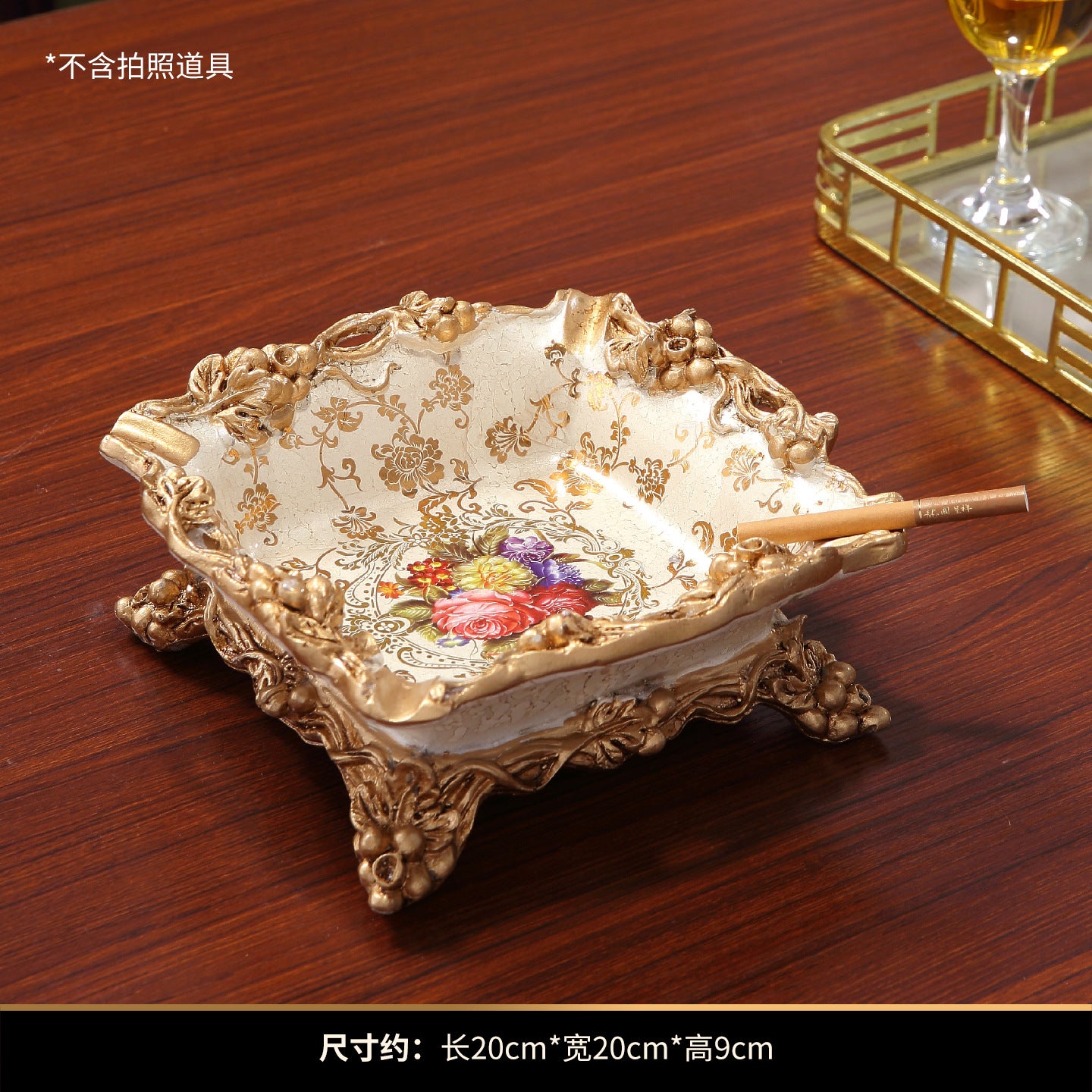 Palace style resin decor with wood grain finish, gold tone edging, and cream pearl shell panels