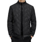 Back of a men's quilted padded jacket with an embossed geometric texture
