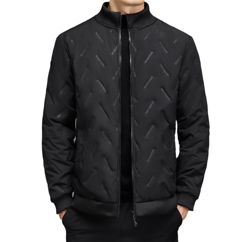 Back of a men's quilted padded jacket with an embossed geometric texture