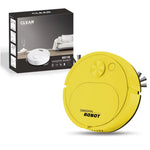 Yellow mini robotic floor sweeper beside its printed retail box on wood flooring, model 8018