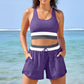 Womens swim set with built in chest padding and no underwire, racerback tank top and shorts