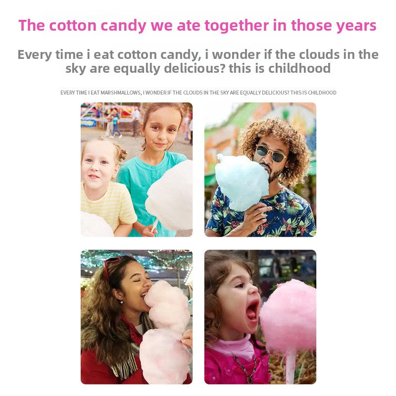 Photo panel of adults and children eating spun cotton candy on sticks outdoors