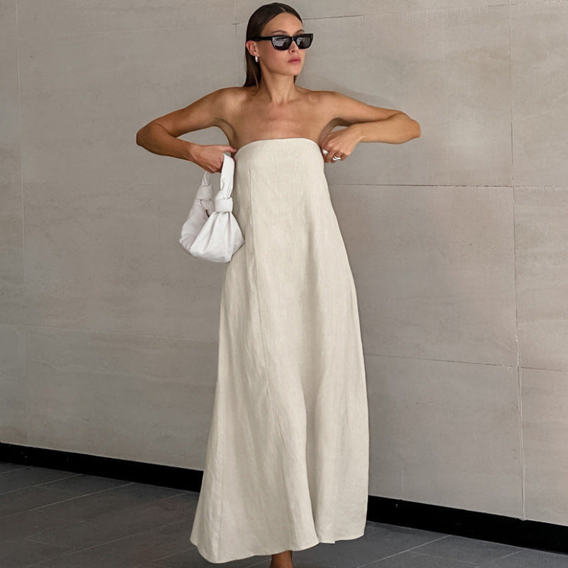 Khaki high waisted strapless linen maxi dress with A-line skirt full length