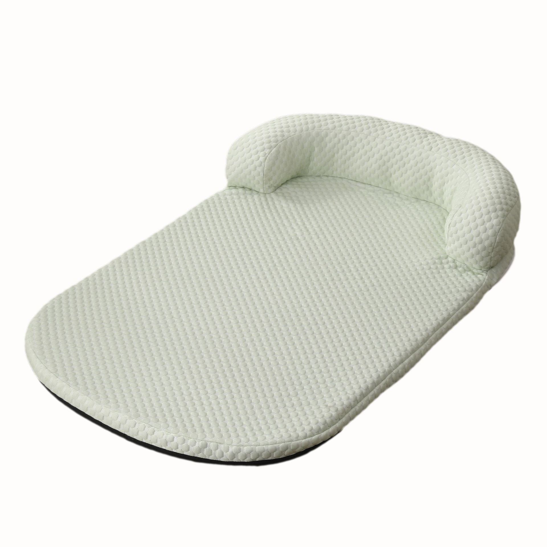 Breathable pea textured pet cooling bed with a rounded shape and light padding