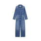 Dark blue washed denim jumpsuit flat front view with collar and button cuffs, size 2XL option