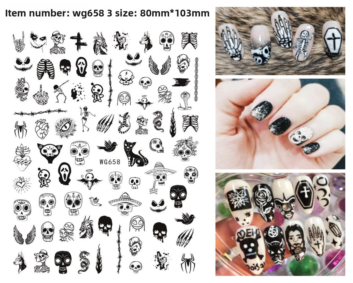 Festive Halloween nail decals mixing pumpkins, bats and spiders