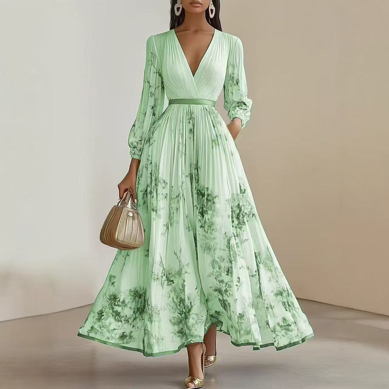 Floral print V neck pleated maxi dress long sleeve and pleated bodice detail