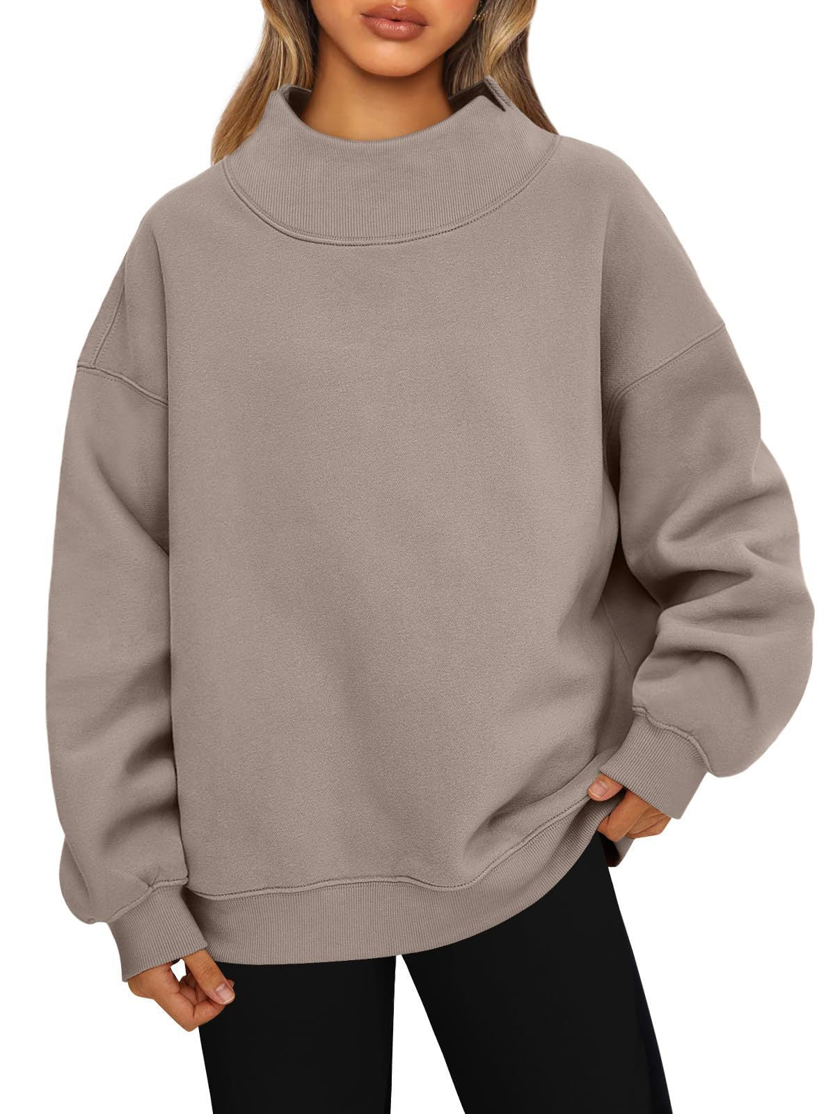 Taupe oversized mock neck sweatshirt with ribbed cuffs and hem, worn with black leggings, photo for size XXL