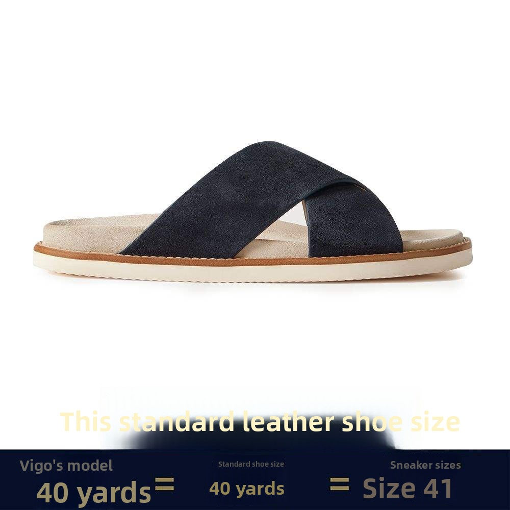 Navy suede cross-strap slide sandal with cream sole and size panel, Dark blue option, size 39