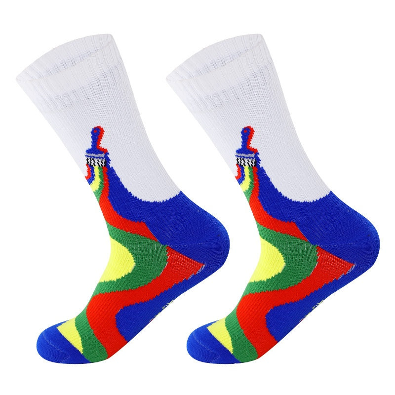 Waterproof crew socks with a white cuff and a blue, red, green and yellow paintbrush design, size M 40-42
