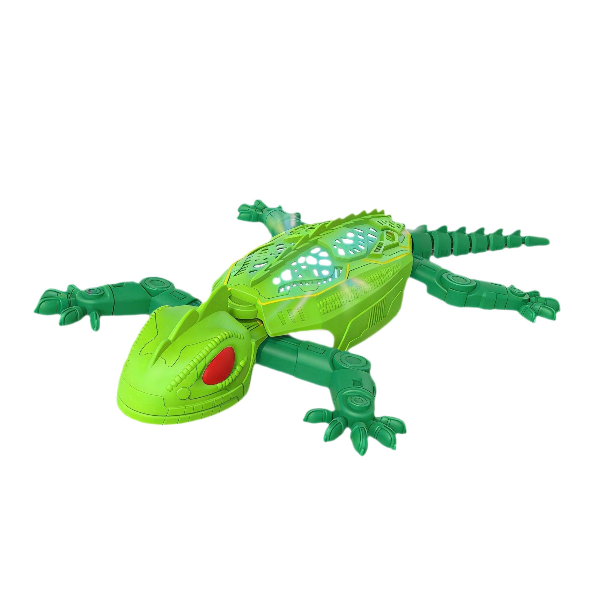 Pink robotic remote control lizard toy with a glowing back, shown with its controller and cable