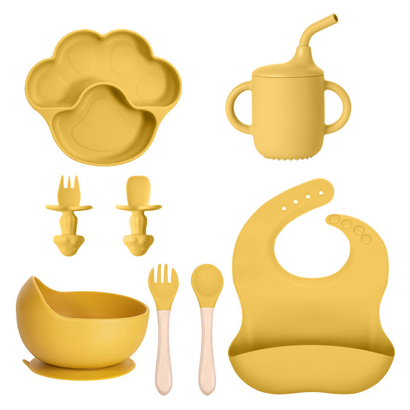 Earthy yellow 8-piece set 2 with a paw plate, a cup with a straw, a bowl, utensils and a bib