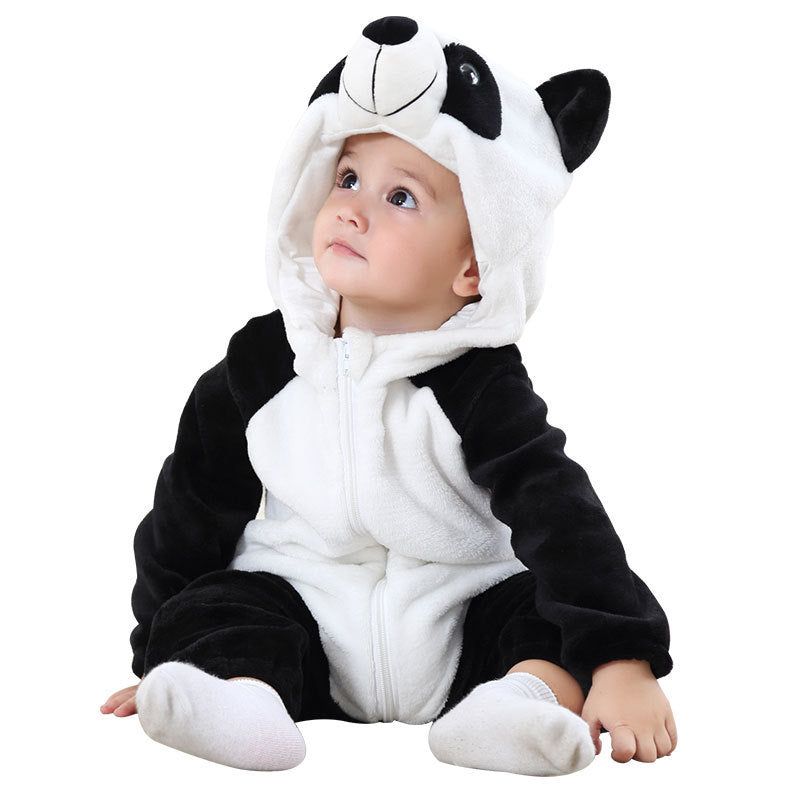 Baby in a black and white panda flannel romper with panda ears on the hood, size 80