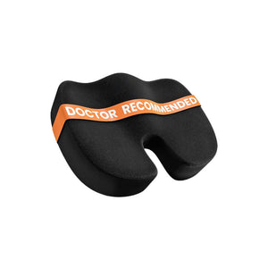 Black memory foam U-shaped seat cushion shown from above with a rear cutout