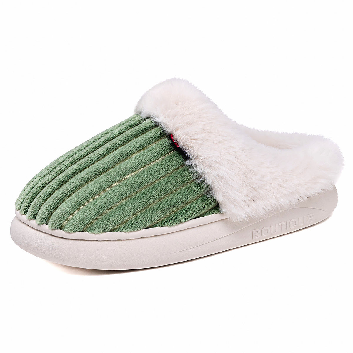 Round toe indoor slipper in soft ribbed plush with faux fur collar detail