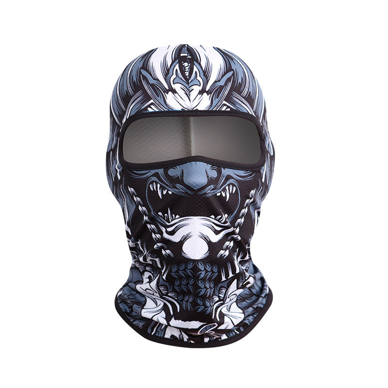 Gray Demon print full-face balaclava with fangs and an open eye slot, summer style, on white