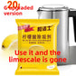 Descaler sachet next to a kettle being cleared of limescale