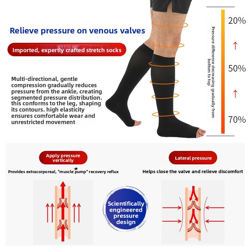 Black mid calf open toe compression sock on the leg beside a size chart in centimeters
