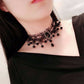 Lace band choker necklace with fine alloy chain swags and teardrop bead accents