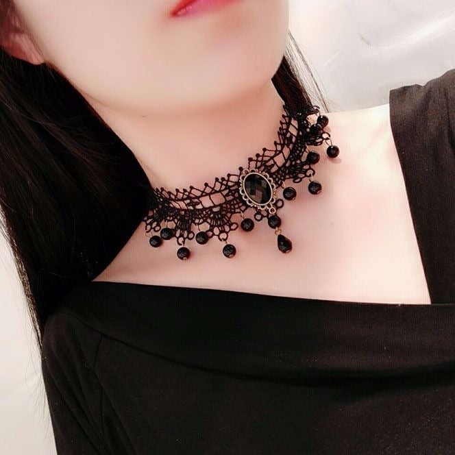 Lace band choker necklace with fine alloy chain swags and teardrop bead accents