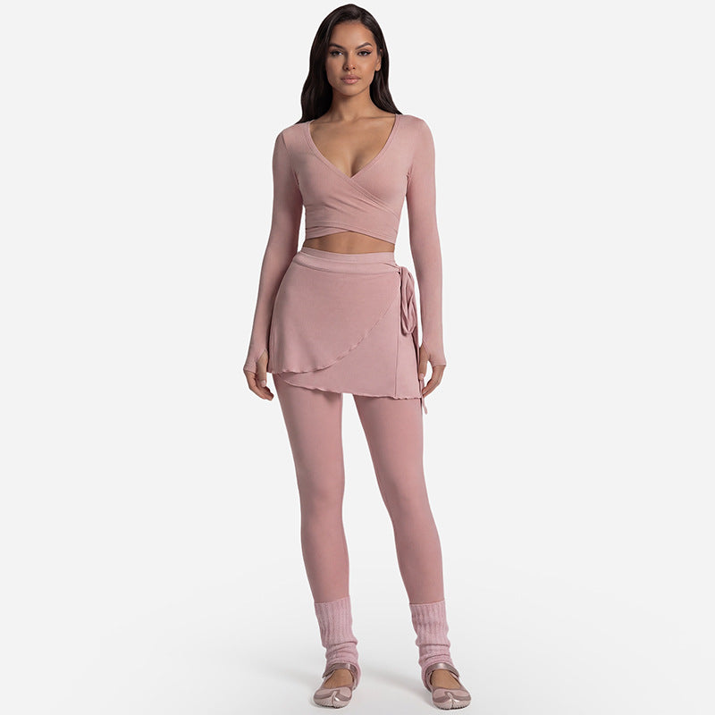 Long sleeve wrap top that crosses at the front and ties at the waist