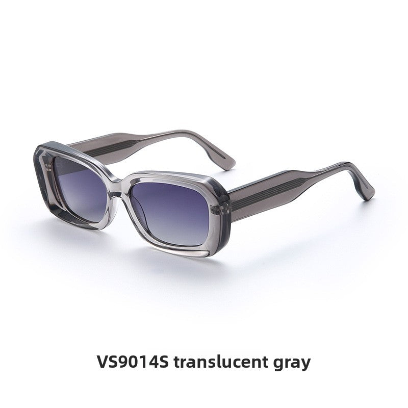 Retro square frame sunglasses beside a glasses case and a cleaning cloth