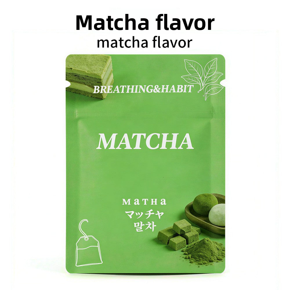 Matcha scented cotton core sachet in green, Breathing and Habit branding, matcha powder pictured