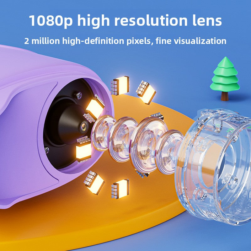 Cutaway view of the microscope lens ringed by eight LED lights and clear base