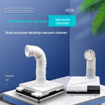 White desktop dust collector vacuum with flexible gooseneck hose and LED lit intake head