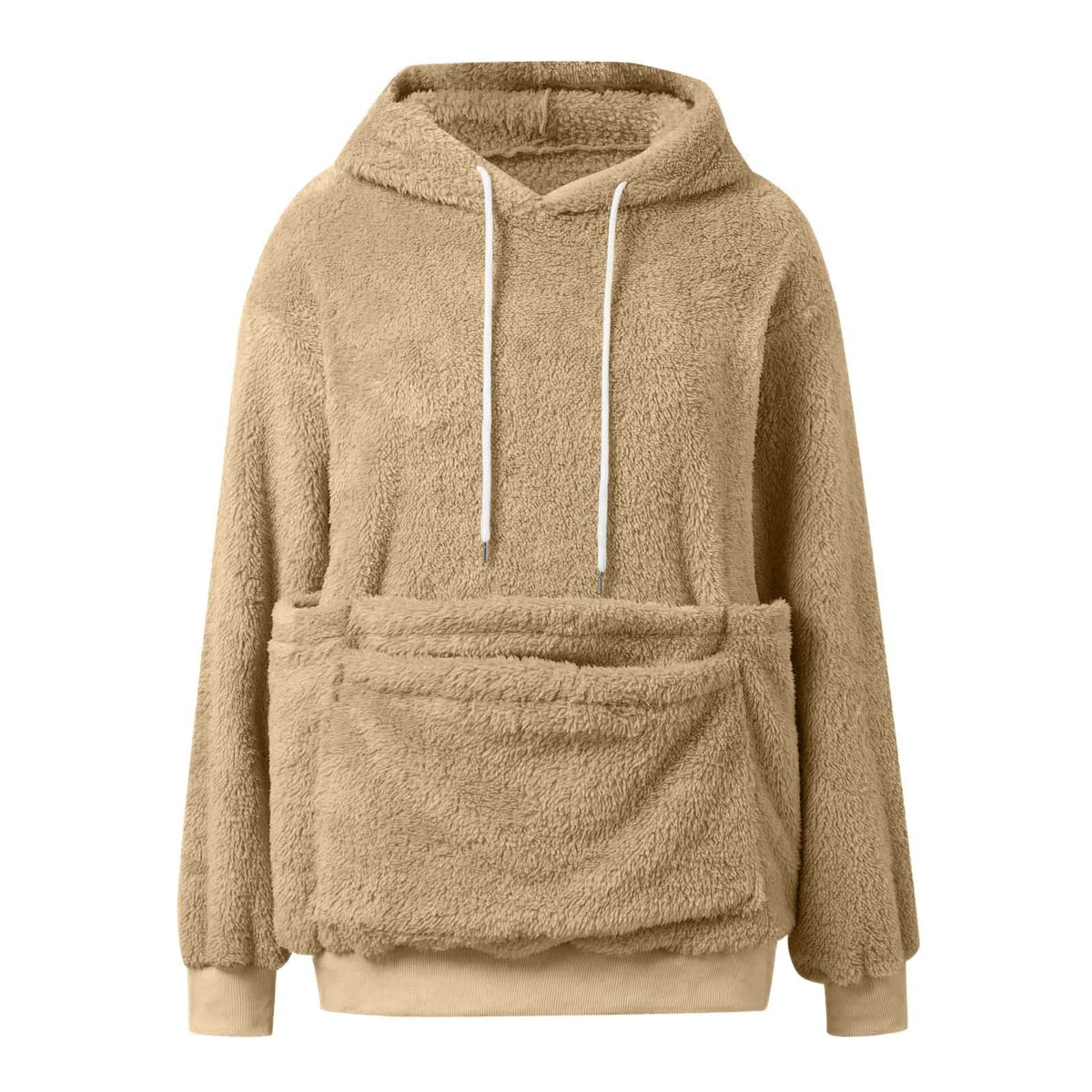 Sand option, size L: plush fleece hooded sweatshirt with white drawstrings and large front pocket