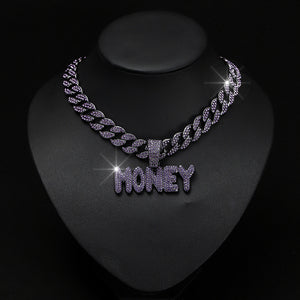Hip hop letter money pendant necklace shown from the front