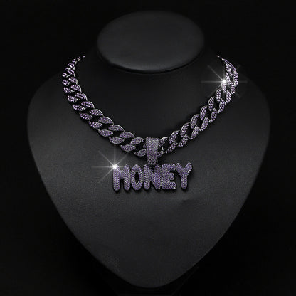 Hip hop letter money pendant necklace shown from the front