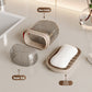 Soap case parts labeled box body, box lid and drain board, with a white soap bar on the beige tray
