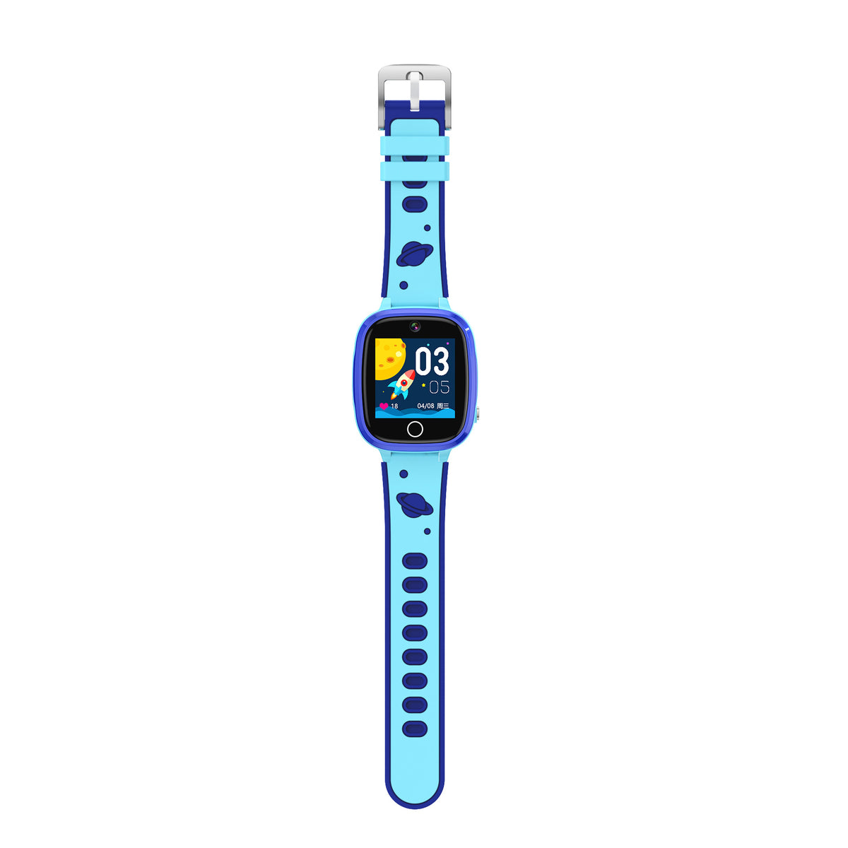 Sky blue children's smart watch with a rocket and moon face on a blue and light blue strap with a metal buckle