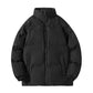 Men's loose padded puffer jacket shown with the zip closed