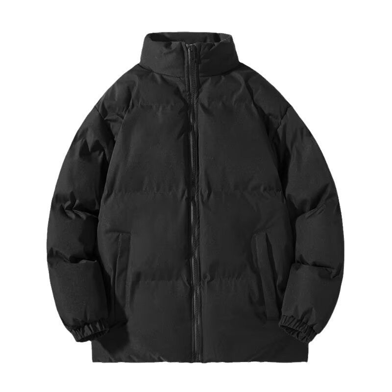 Men's loose padded puffer jacket shown with the zip closed