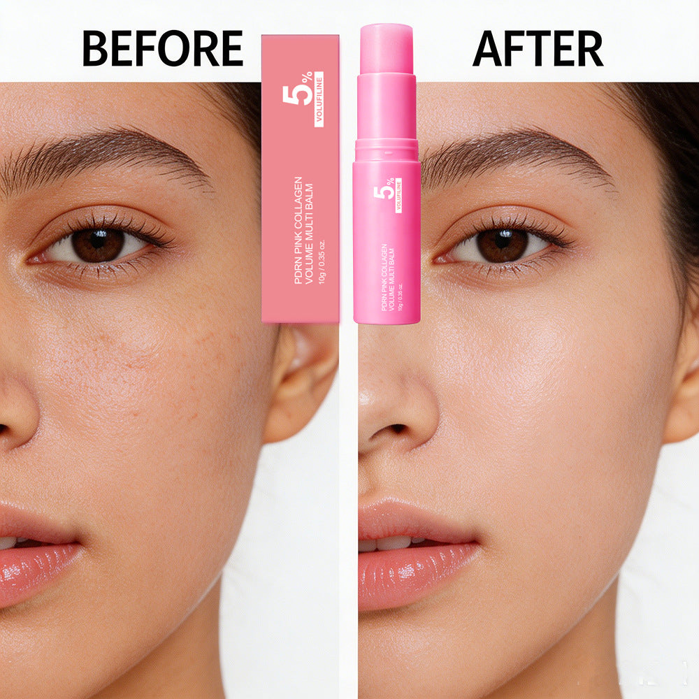 Pink collagen balm skincare product, showing the closed twist up tube standing upright