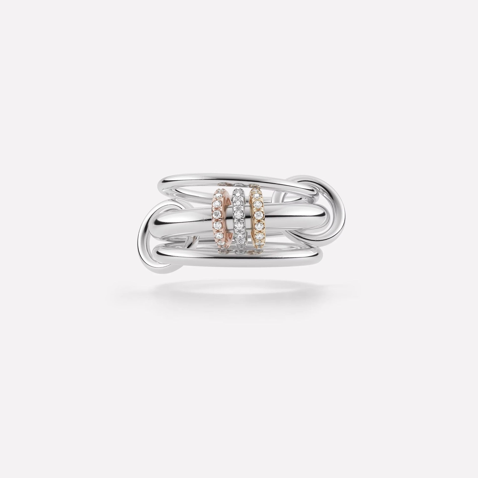 Linked stacked band ring shown in daily wear on the hand