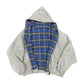 Grey reversible zip hooded sweatshirt, solid grey outer with a blue tartan plaid reverse