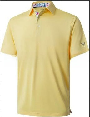 Men's short sleeve polo shirt with a solid body and a printed contrast collar, fitted cut in light polyester