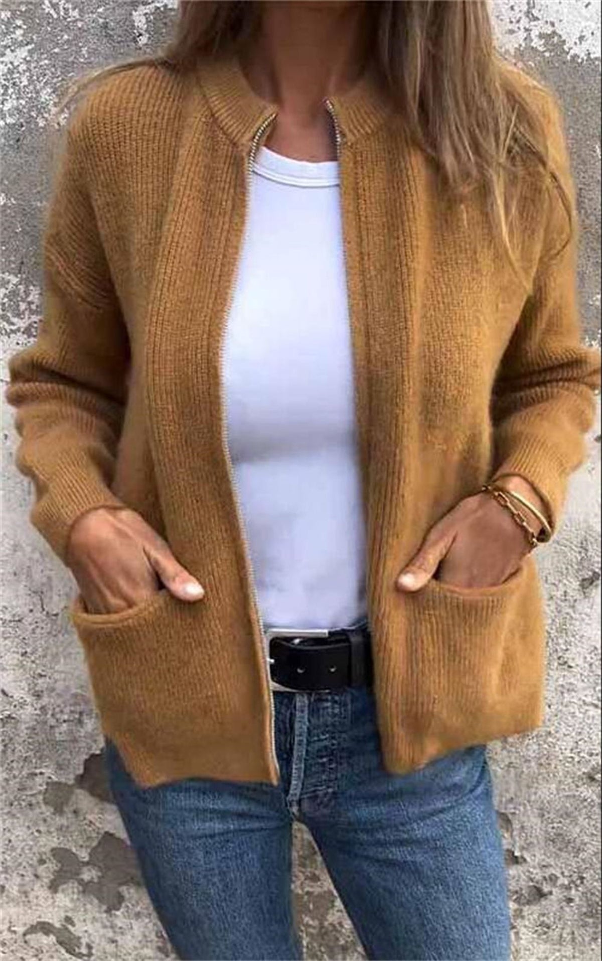 Mustard Yellow zip-front knit cardigan with two patch pockets, size XXXL