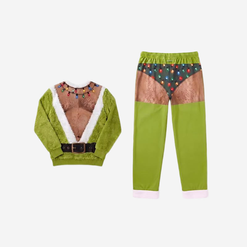 Green ugly Christmas gag loungewear with photo real printed body art and colored string lights