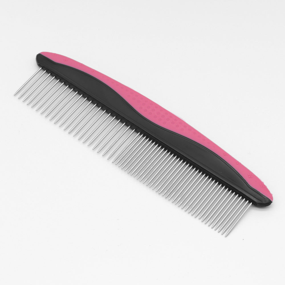 Pet grooming comb with a curved soft grip handle and steel pins