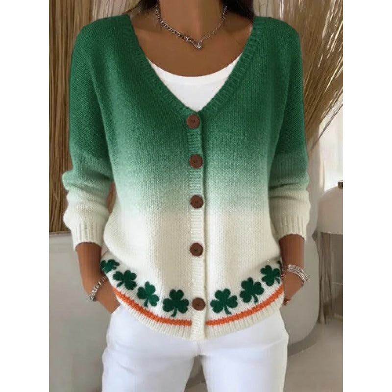 Women's V neck button front knit cardigan in the Green Shamrock Ombre print worn open over a white top