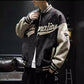 Black with Cream Sleeves baseball jacket with raised script lettering, size L option