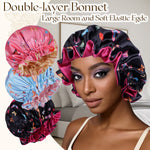 Pink black and blue butterfly print satin hair bonnets shown together with a model wearing one