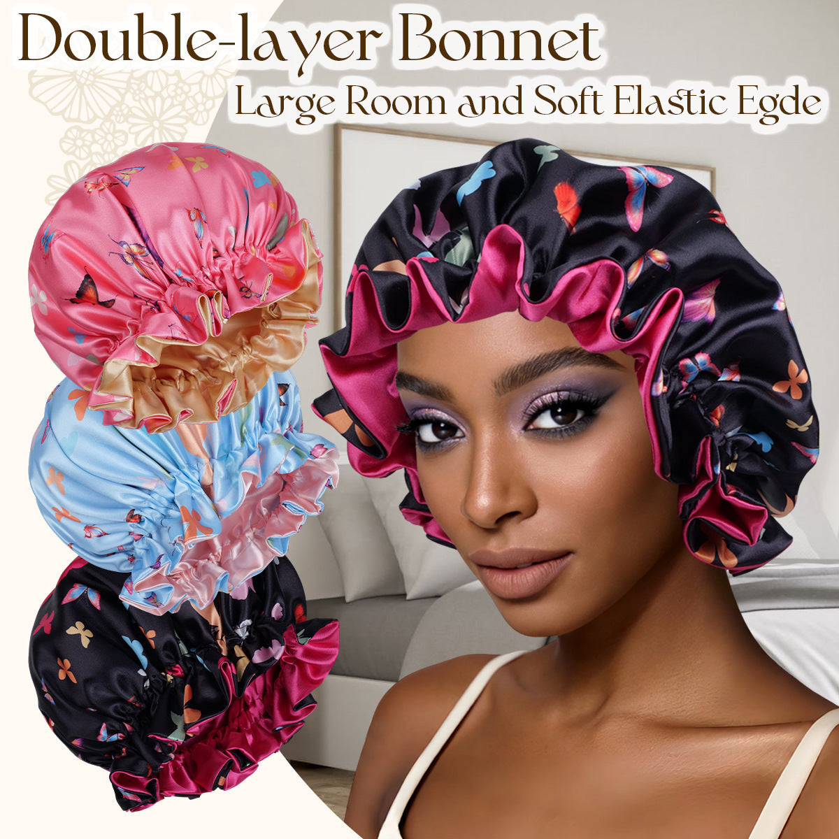 Pink black and blue butterfly print satin hair bonnets shown together with a model wearing one