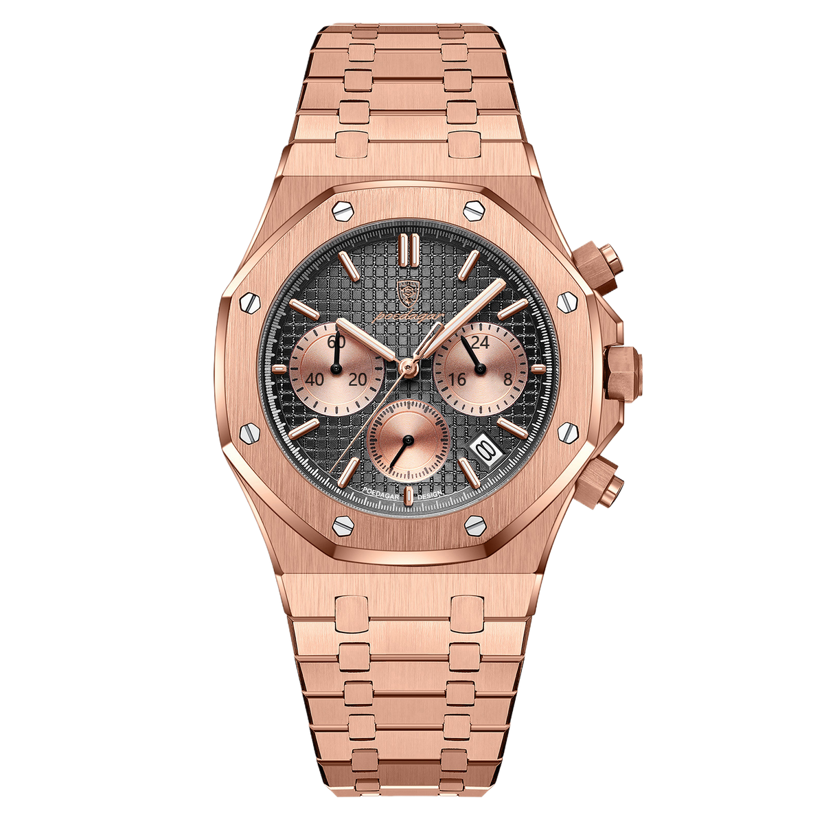 Quartz watch front view showing the dial, baton markers and slim hands
