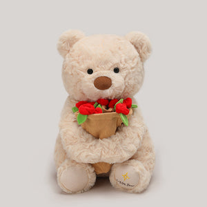 Plush teddy bear in soft short-pile fabric, seated upright in a front view