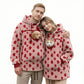 Couple in blush pink fleece hoodies with red hearts, a puppy and a cat in the chest pouches, size L option
